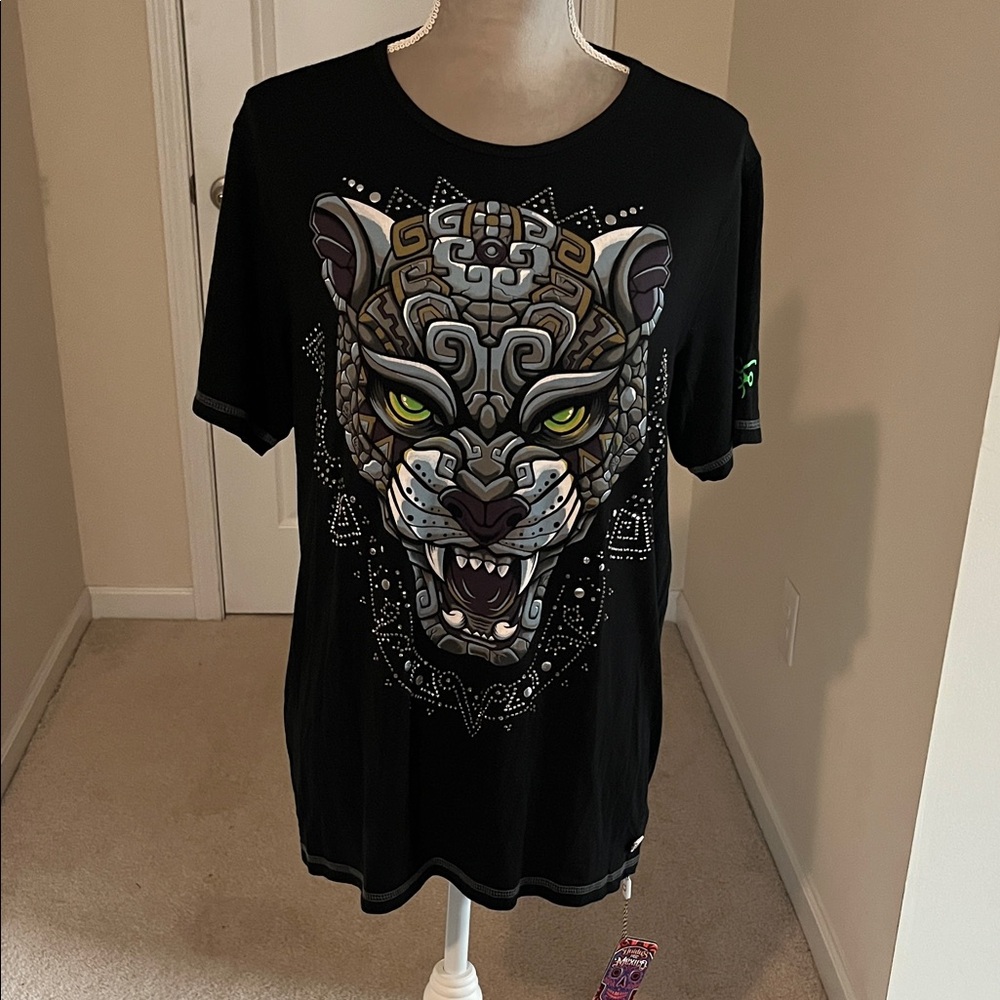 Black Graphic Tee with Fierce Panther Face